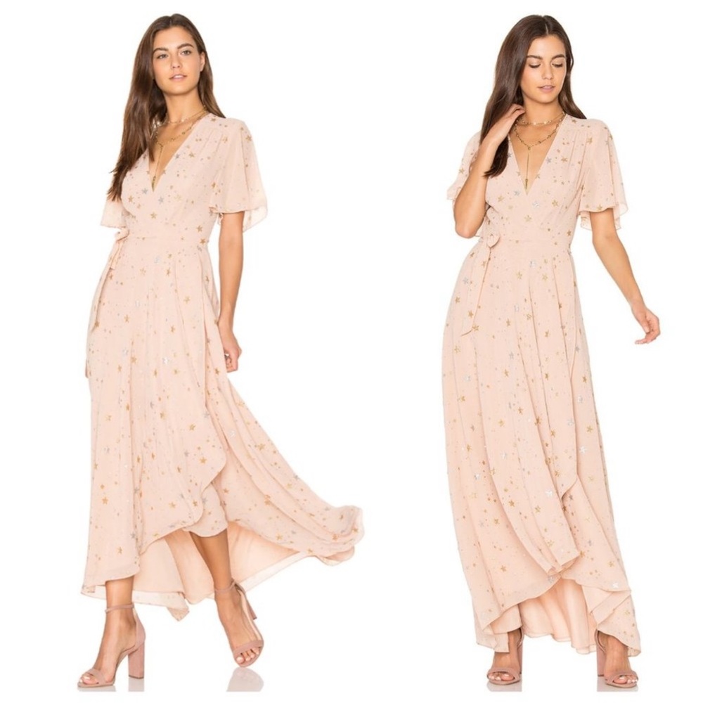 Revolve dress privacy please klause maxi wrap dress XS pink gold stars